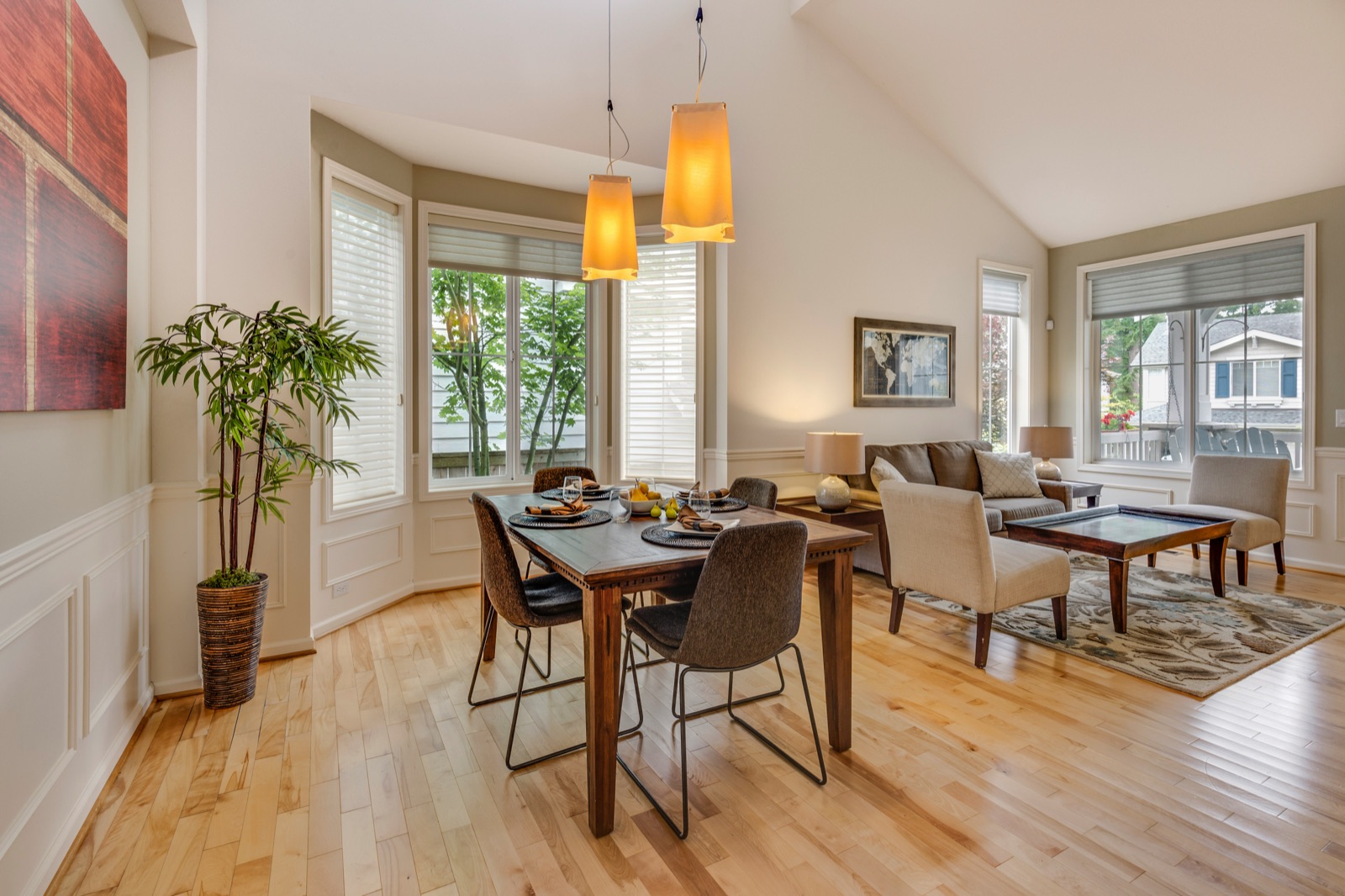 Dining room with pendant lights